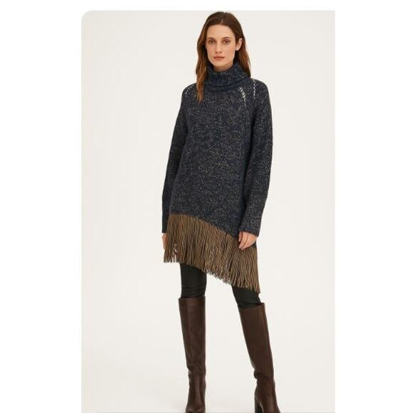 Love Sex Money Brand Navy Taupe Turtleneck Italian Knit Fringe Sweater Size L - Picture 1 of 9